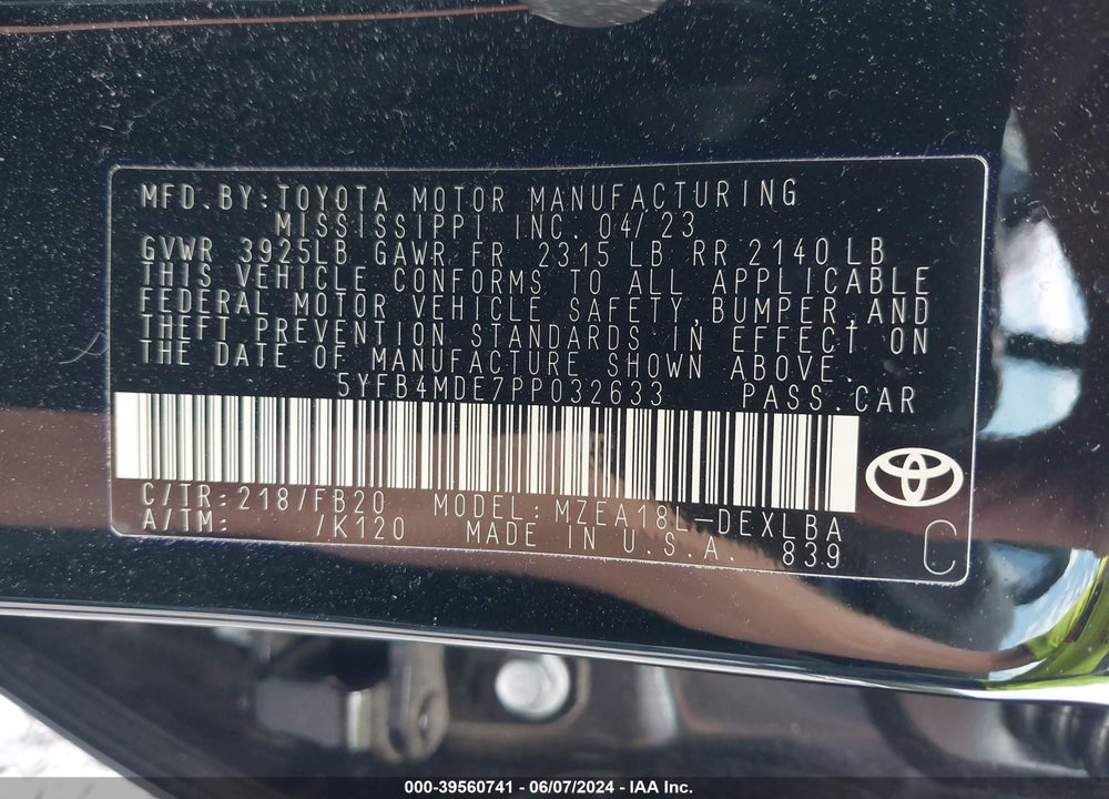 2023 TOYOTA COROLLA LE VIN: 5YFB4MDE7PP032633