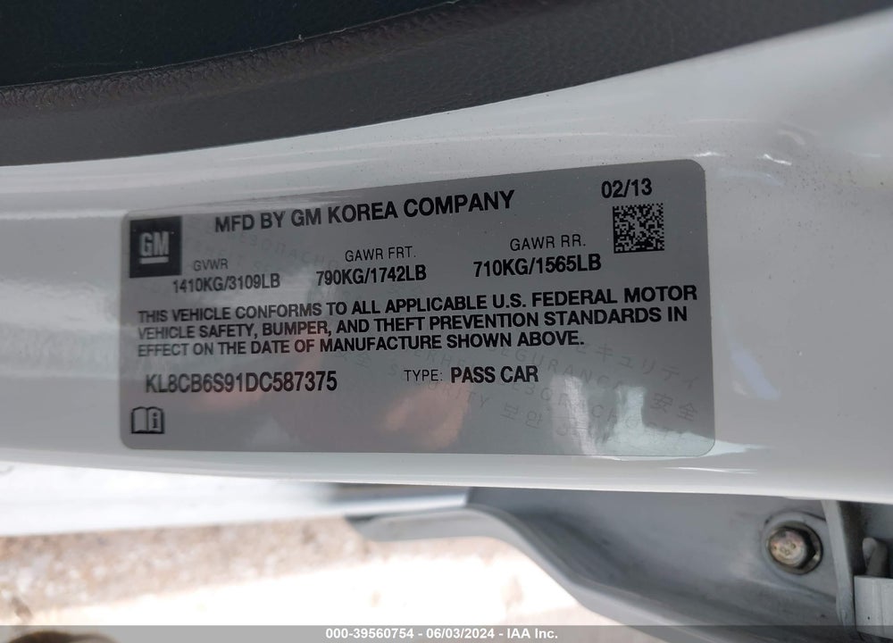 2013 CHEVROLET SPARK LS AUTO VIN: KL8CB6S91DC587375
