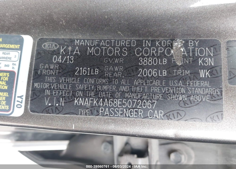 2014 KIA FORTE LX VIN: KNAFK4A68E5072067