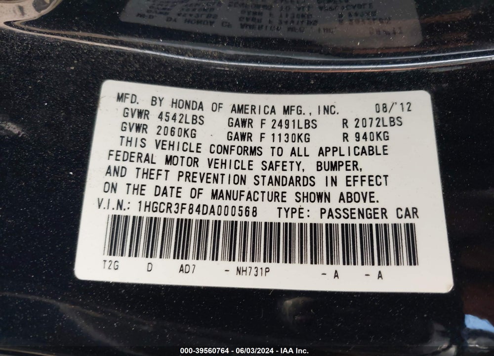2013 HONDA ACCORD EX-L V-6 VIN: 1HGCR3F84DA000568