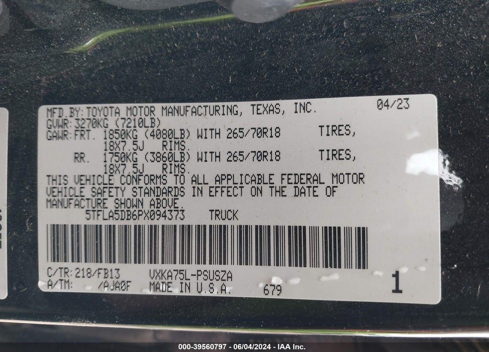 2023 TOYOTA TUNDRA VIN: 5TFLA5DB6PX094373