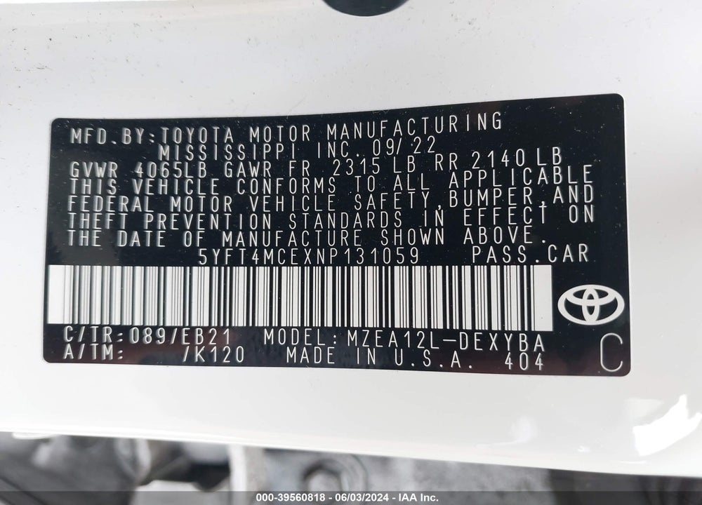 2022 TOYOTA COROLLA XSE VIN: 5YFT4MCEXNP131059
