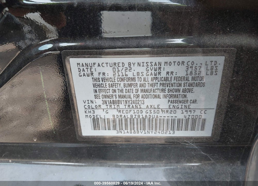 2022 NISSAN SENTRA S XTRONIC CVT VIN: 3N1AB8BV1NY240213