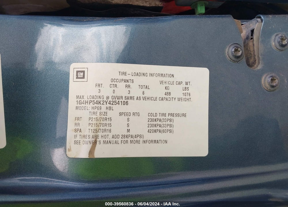2000 BUICK LESABRE CUSTOM VIN: 1G4HP54K2Y4254106