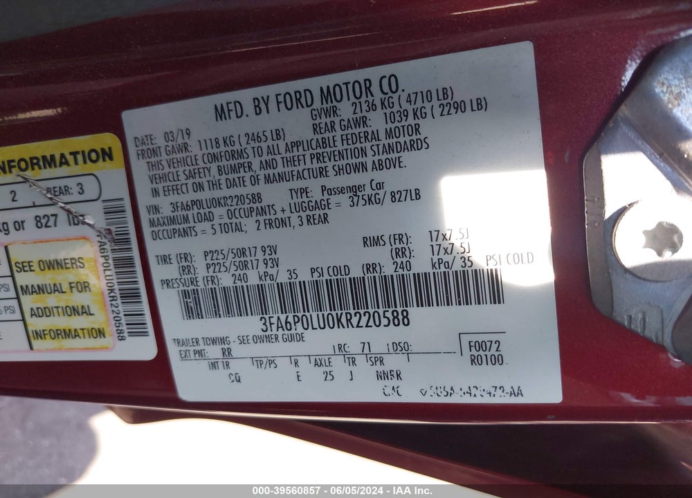 2019 FORD FUSION HYBRID SE VIN: 3FA6P0LU0KR220588