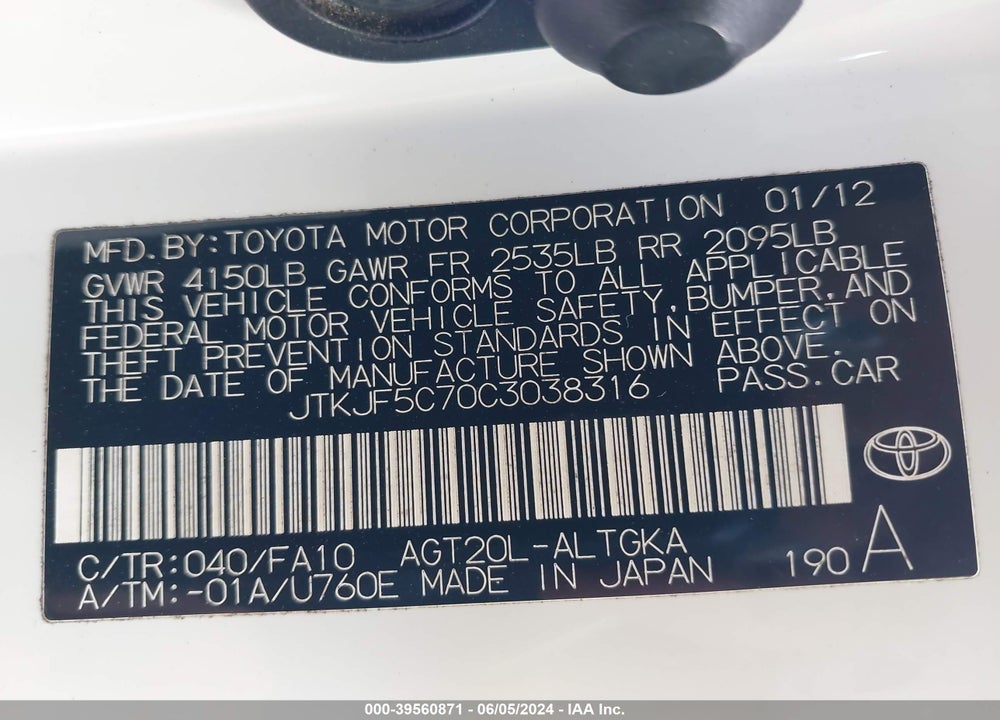 2012 SCION TC VIN: JTKJF5C70C3038316