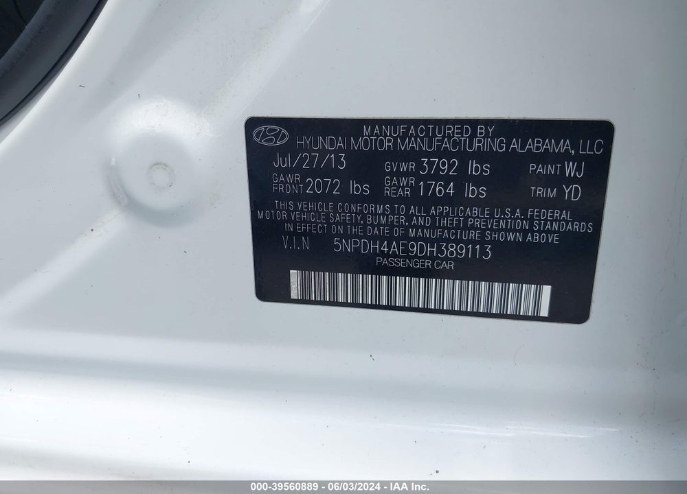 2013 HYUNDAI ELANTRA GLS VIN: 5NPDH4AE9DH389113
