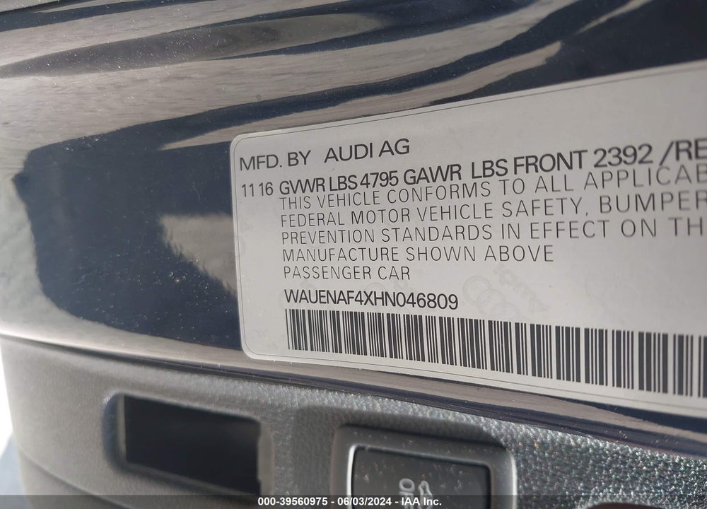 2017 AUDI A4 2.0T PREMIUM VIN: WAUENAF4XHN046809