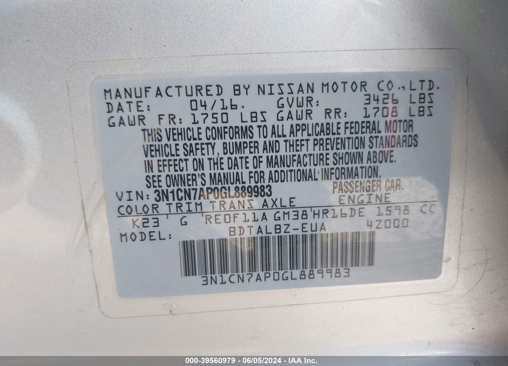 2016 NISSAN VERSA 1.6 SV VIN: 3N1CN7AP0GL889983