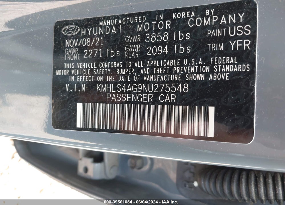 2022 HYUNDAI ELANTRA SEL VIN: KMHLS4AG9NU275548
