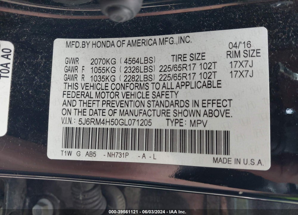 2016 HONDA CR-V EX VIN: 5J6RM4H50GL071205