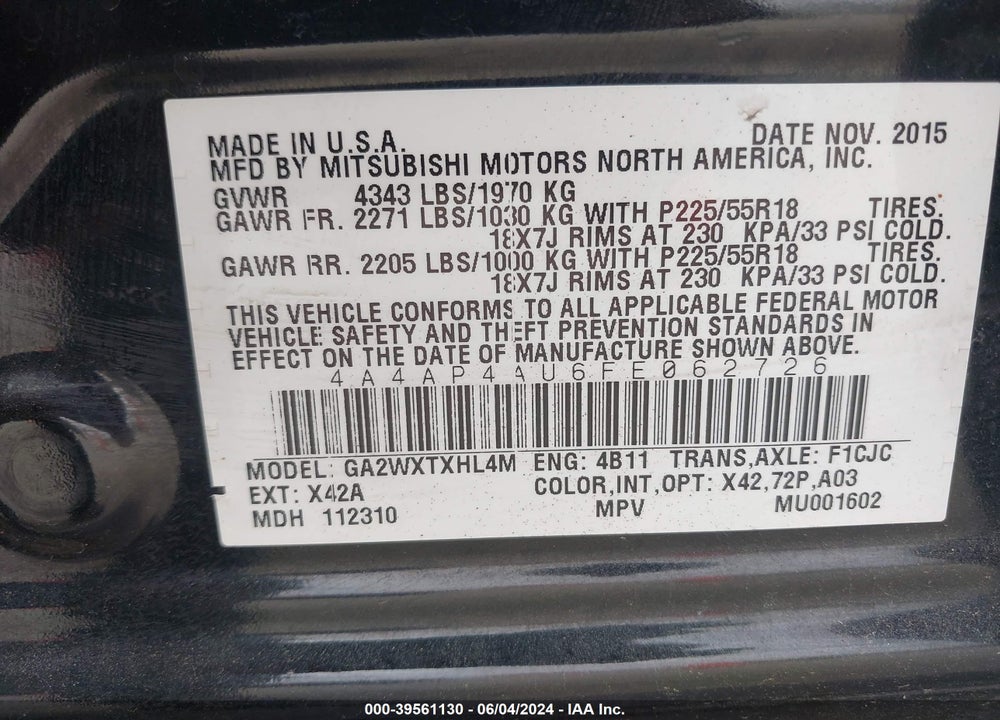 2015 MITSUBISHI OUTLANDER SPORT SE VIN: 4A4AP4AU6FE062726