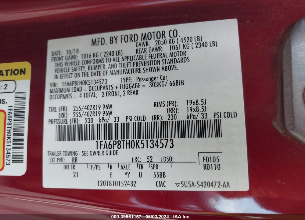 2019 FORD MUSTANG ECOBOOST VIN: 1FA6P8TH0K5134573