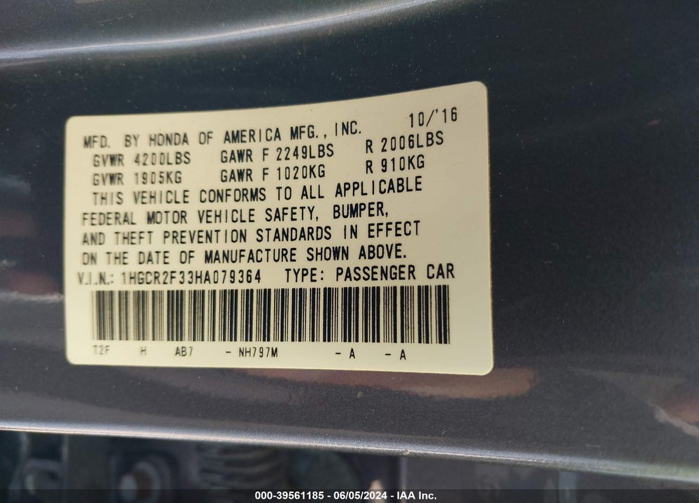 2017 HONDA ACCORD LX VIN: 1HGCR2F33HA079364
