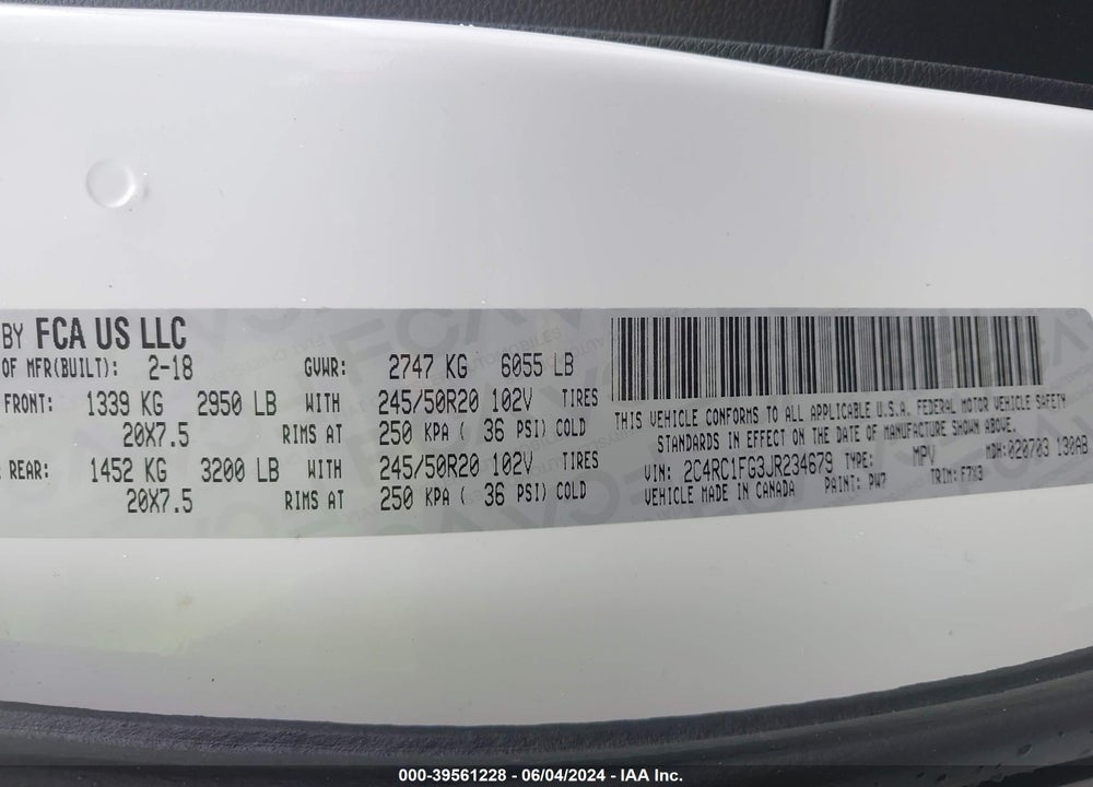 2018 CHRYSLER PACIFICA TOURING PLUS VIN: 2C4RC1FG3JR234679