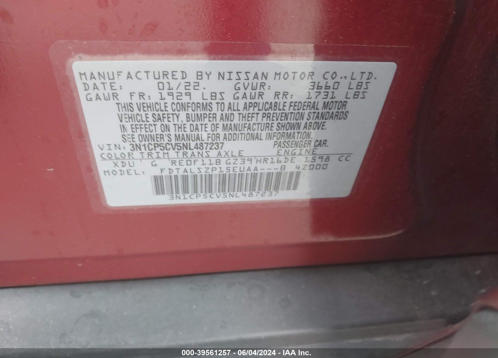 2022 NISSAN KICKS SV XTRONIC CVT VIN: 3N1CP5CV5NL487237