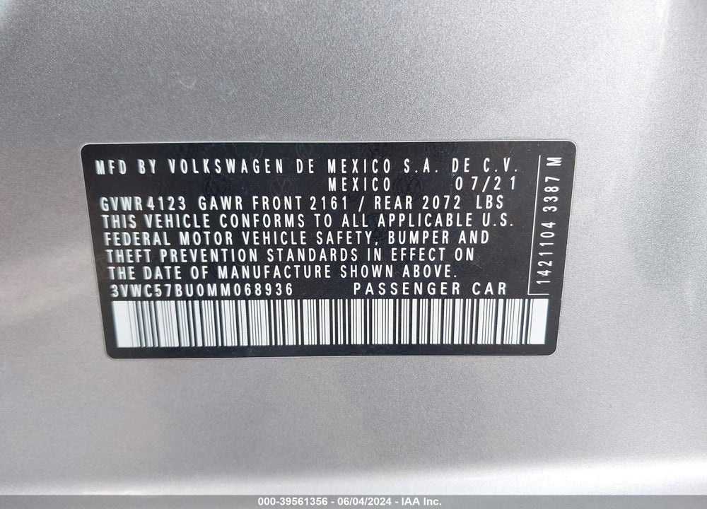 2021 VOLKSWAGEN JETTA 1.4T R-LINE/1.4T S/1.4T SE VIN: 3VWC57BU0MM068936