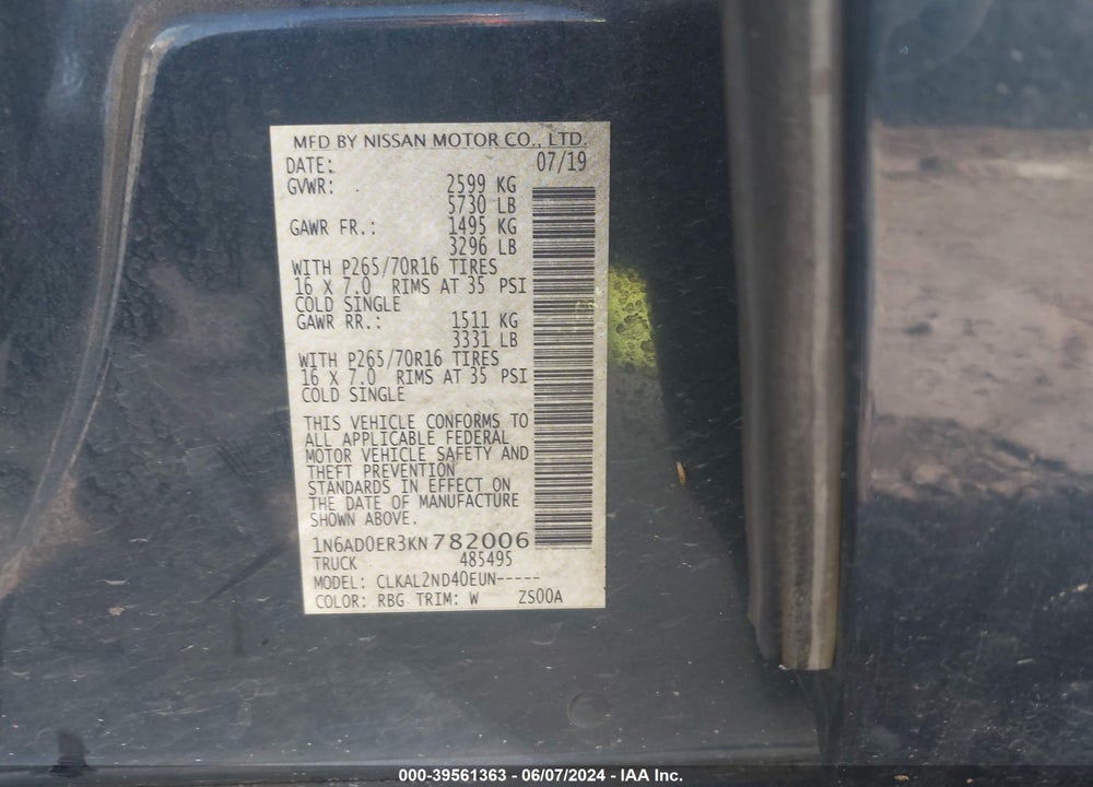 2019 NISSAN FRONTIER SV VIN: 1N6AD0ER3KN782006