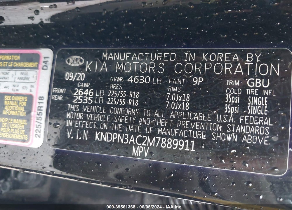 2021 KIA SPORTAGE EX VIN: KNDPN3AC2M7889911