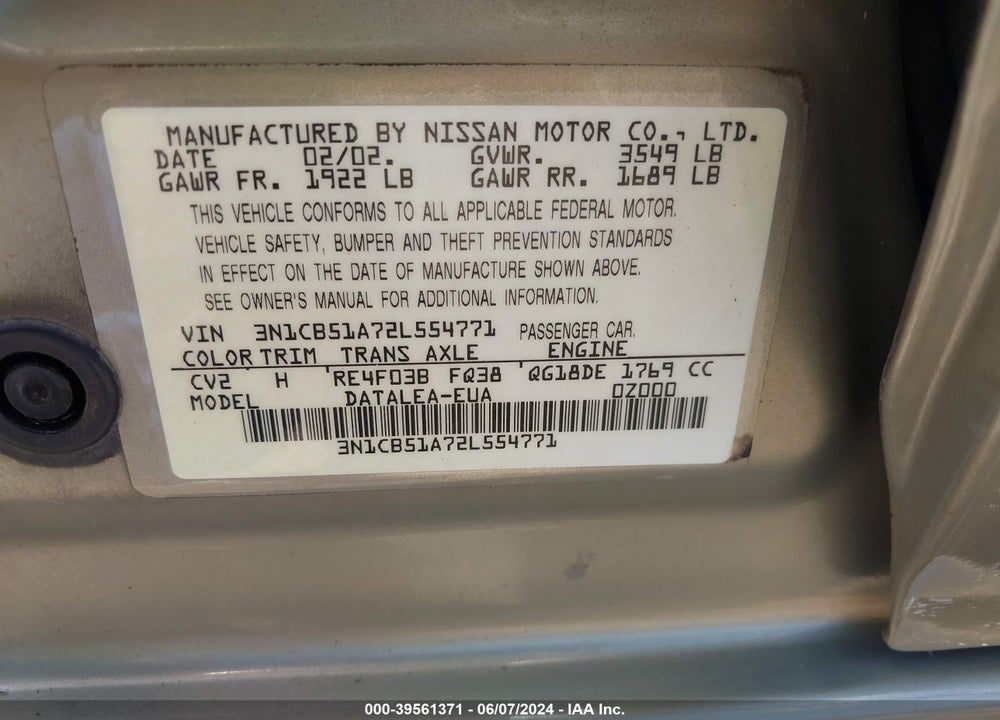 2002 NISSAN SENTRA GXE VIN: 3N1CB51A72L554771