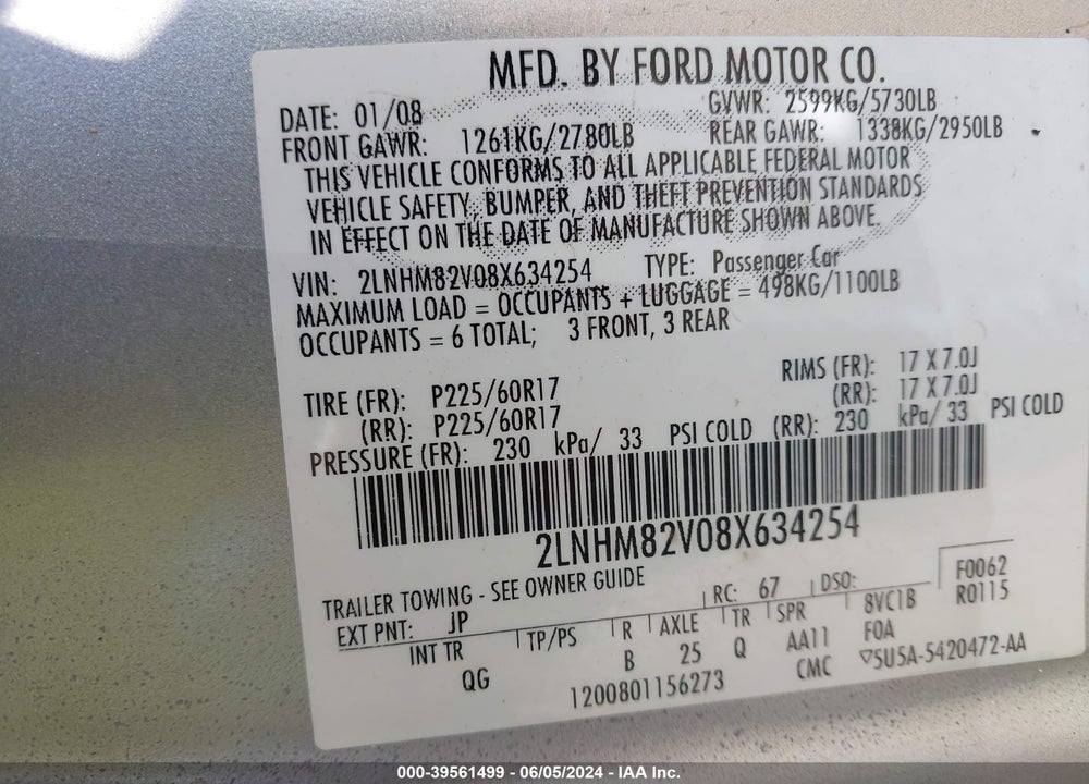 2008 LINCOLN TOWN CAR SIGNATURE LIMITED VIN: 2LNHM82V08X634254
