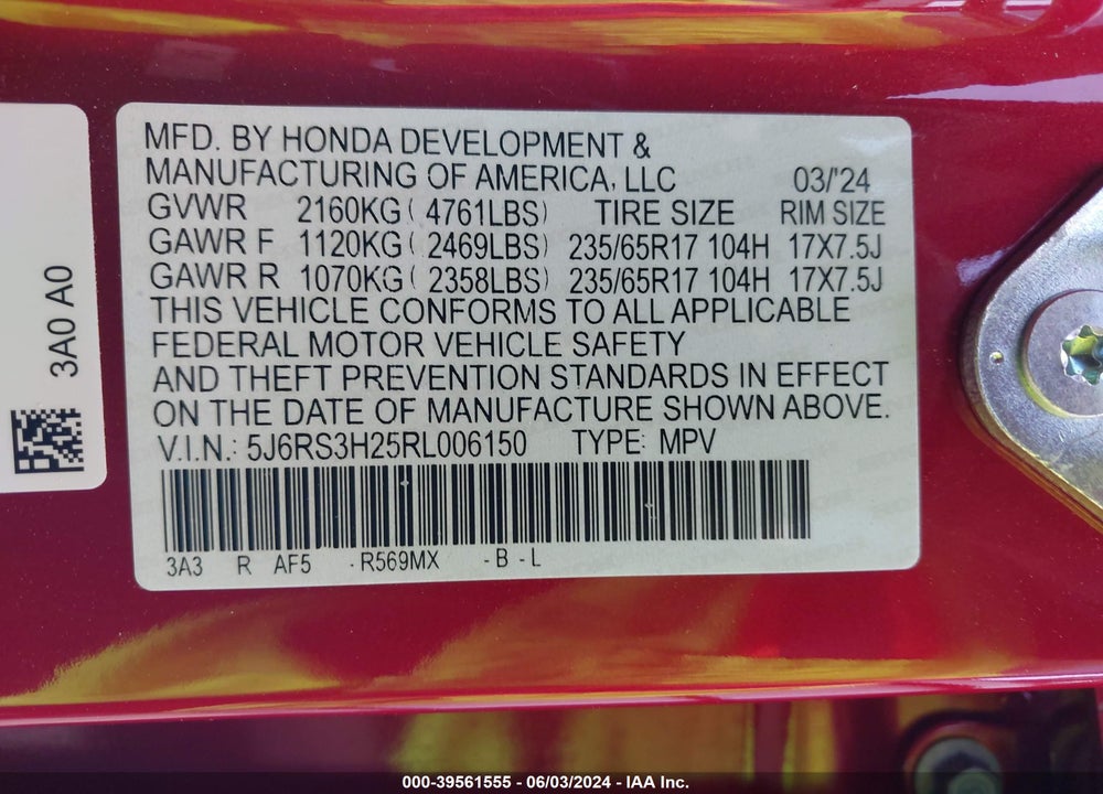 2024 HONDA CR-V LX 2WD VIN: 5J6RS3H25RL006150