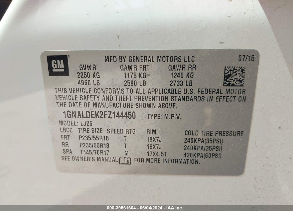 2015 CHEVROLET EQUINOX LTZ VIN: 1GNALDEK2FZ144450