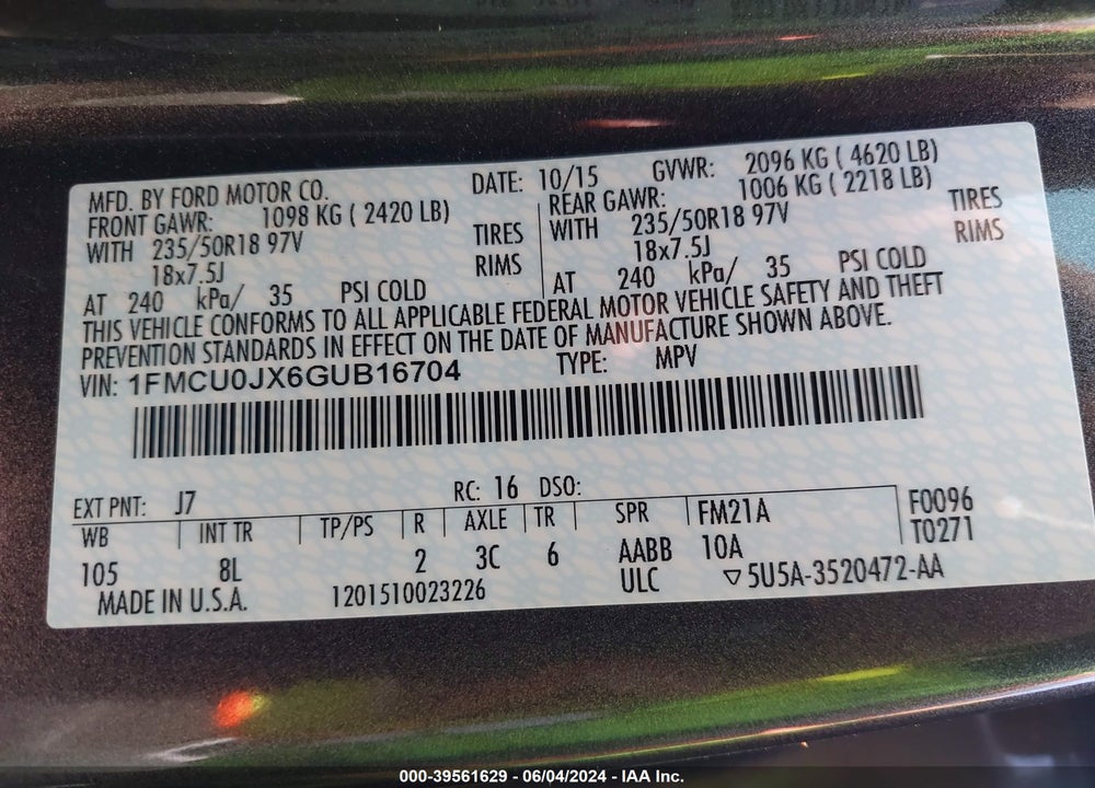 2016 FORD ESCAPE TITANIUM VIN: 1FMCU0JX6GUB16704