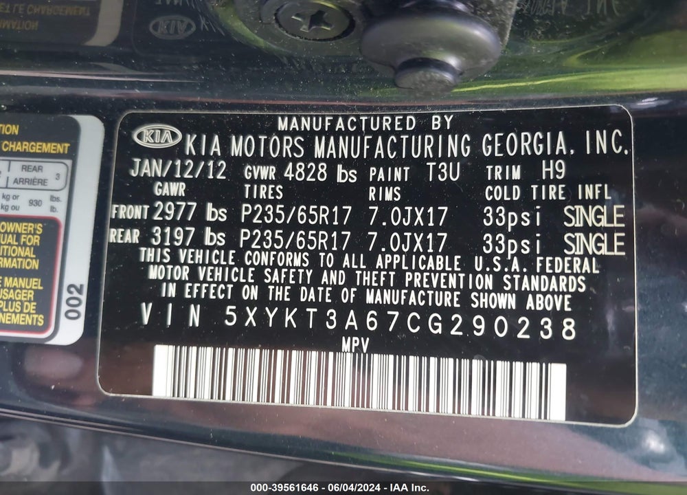 2012 KIA SORENTO LX VIN: 5XYKT3A67CG290238