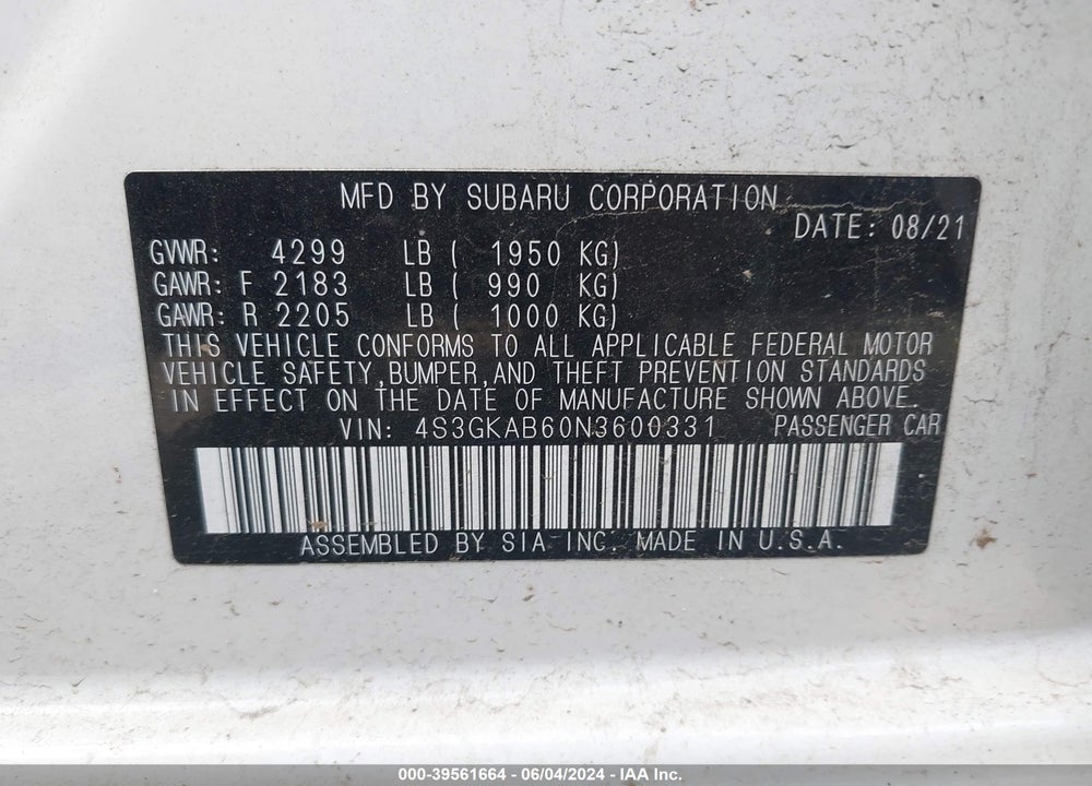 2022 SUBARU IMPREZA BASE VIN: 4S3GKAB60N3600331