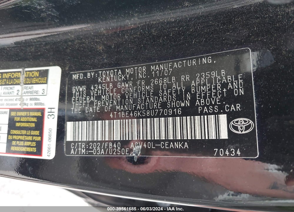 2008 TOYOTA CAMRY VIN: 4T1BE46K58U770916