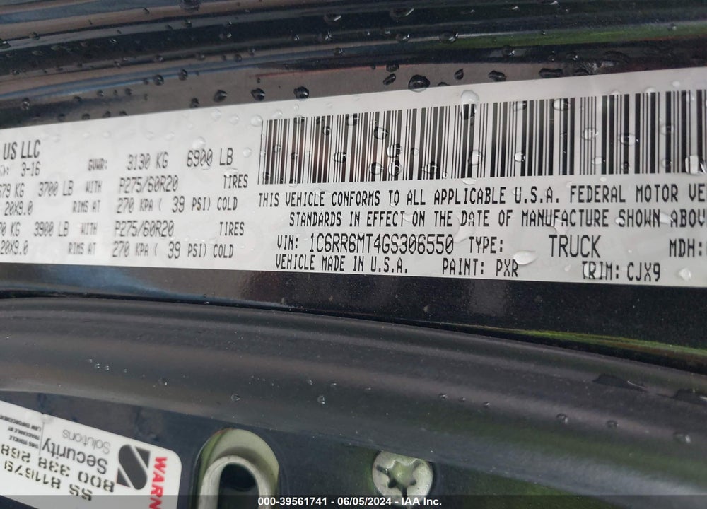 2016 RAM 1500 SPORT VIN: 1C6RR6MT4GS306550