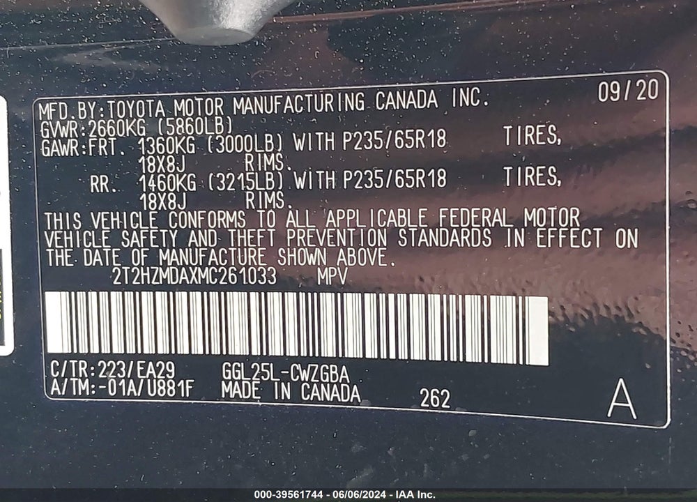 2021 LEXUS RX 350 VIN: 2T2HZMDAXMC261033