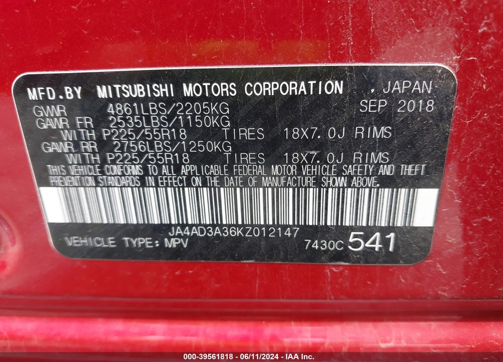 2019 MITSUBISHI OUTLANDER SEL VIN: JA4AD3A36KZ012147