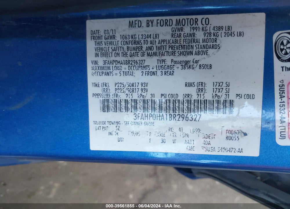 2011 FORD FUSION SE VIN: 3FAHP0HA1BR296327
