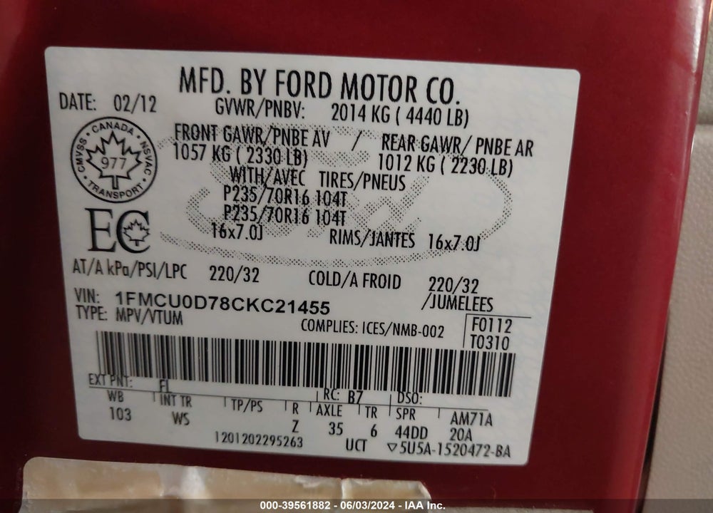 2012 FORD ESCAPE XLT VIN: 1FMCU0D78CKC21455