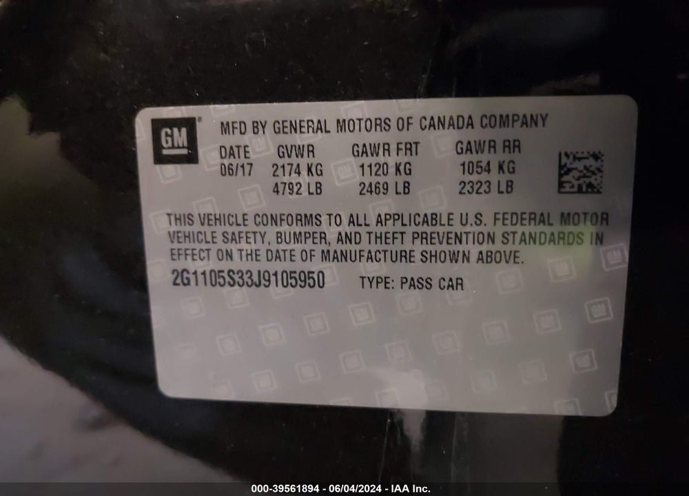 2018 CHEVROLET IMPALA 1LT VIN: 2G1105S33J9105950