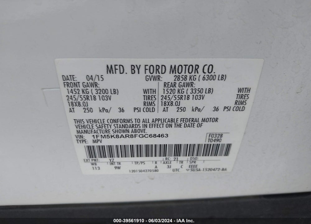 2015 FORD UTILITY POLICE INTERCEPTOR VIN: 1FM5K8AR8FGC68463