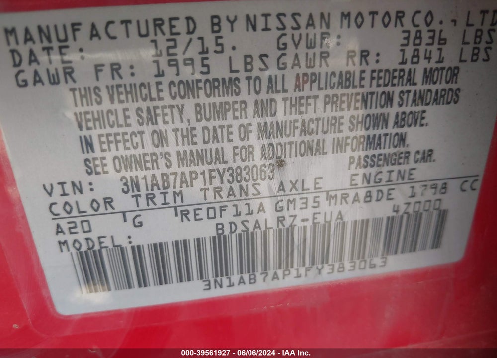 2015 NISSAN SENTRA VIN: 3N1AB7AP1FY383063