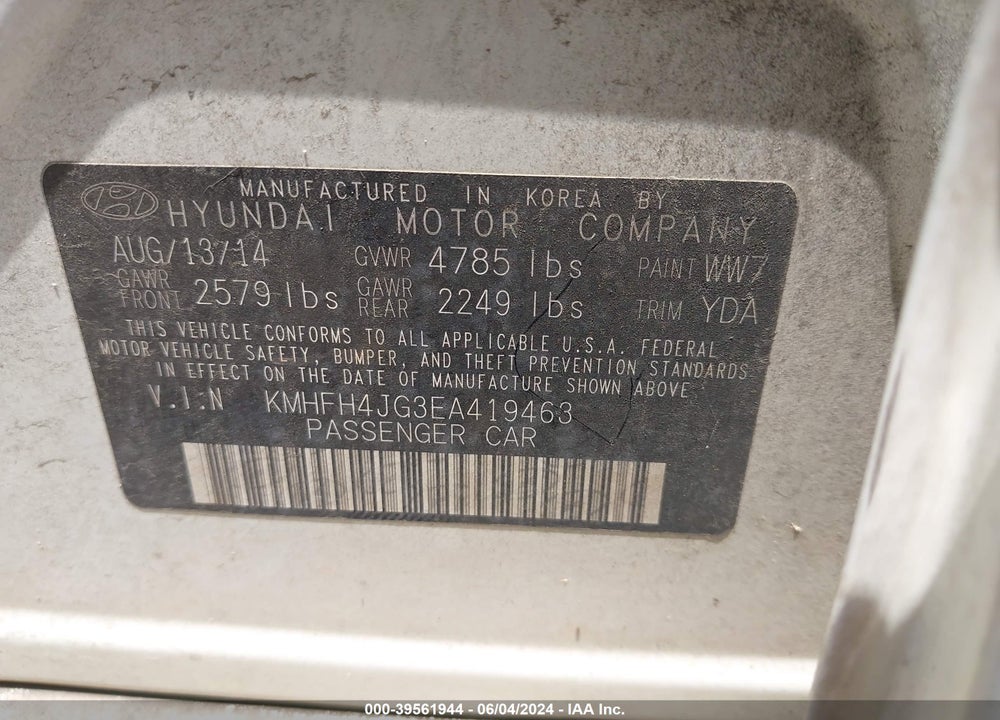 2014 HYUNDAI AZERA LIMITED VIN: KMHFH4JG3EA419463