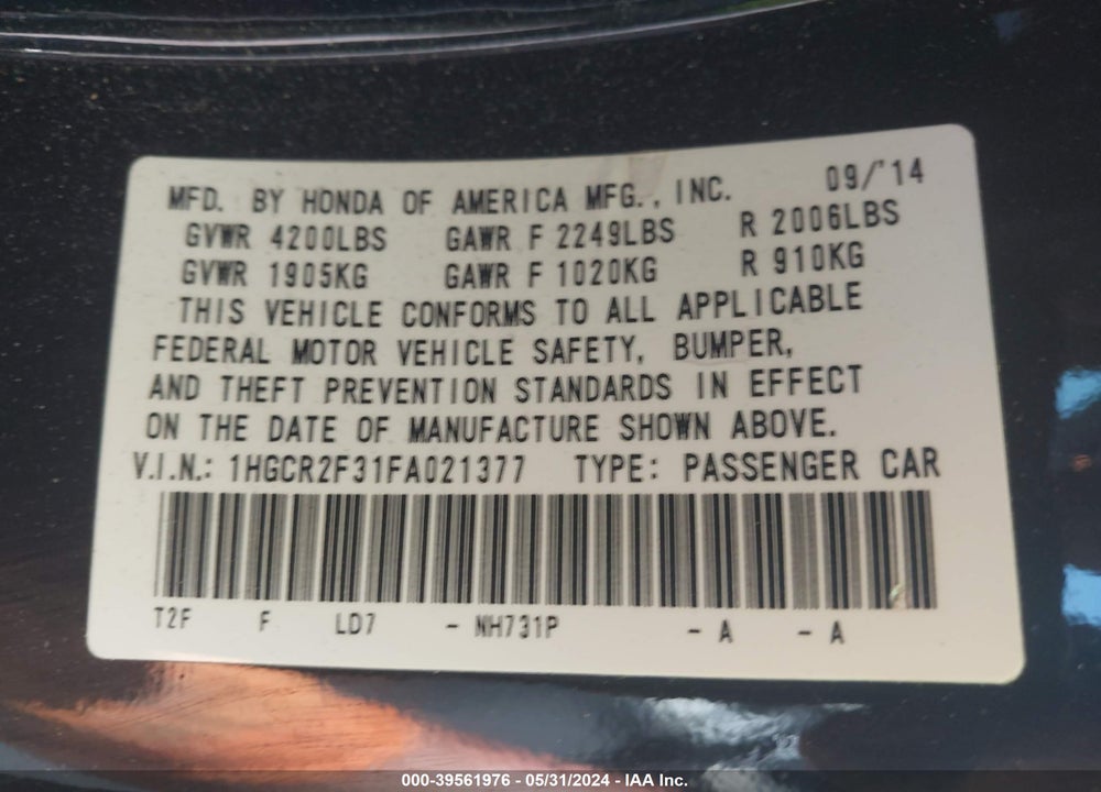 2015 HONDA ACCORD LX VIN: 1HGCR2F31FA021377