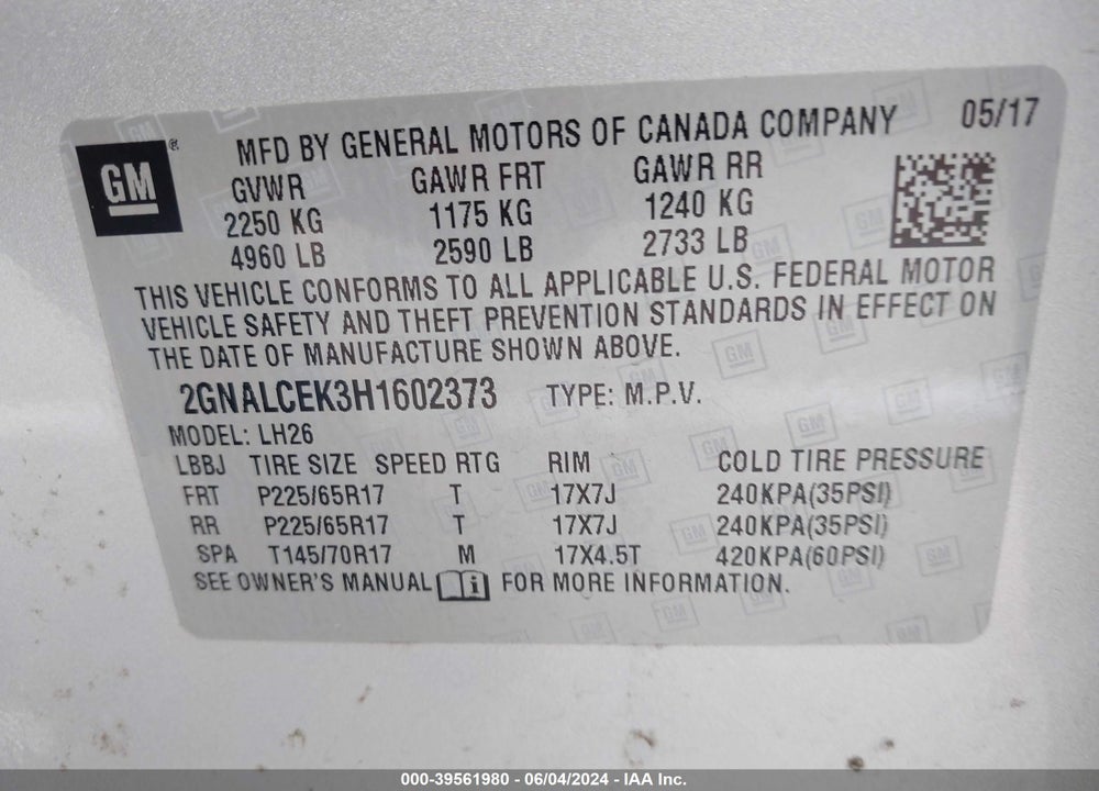 2017 CHEVROLET EQUINOX LT VIN: 2GNALCEK3H1602373