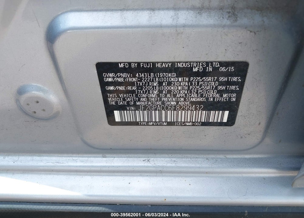 2015 SUBARU XV CROSSTREK 2.0 PREMIUM VIN: JF2GPACC6F8299432