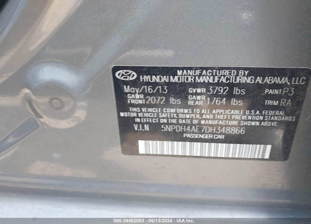 2013 HYUNDAI ELANTRA GLS VIN: 5NPDH4AE7DH348866