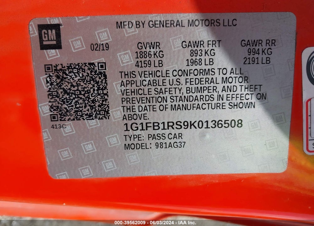 2019 CHEVROLET CAMARO 1LT VIN: 1G1FB1RS9K0136508