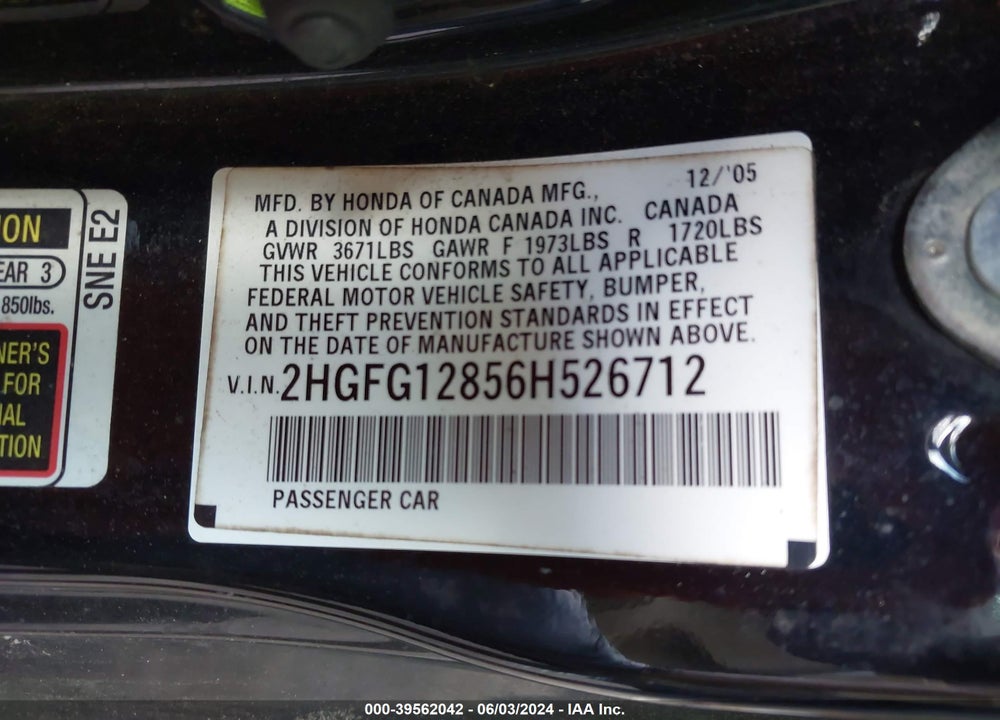 2006 HONDA CIVIC EX VIN: 2HGFG12856H526712