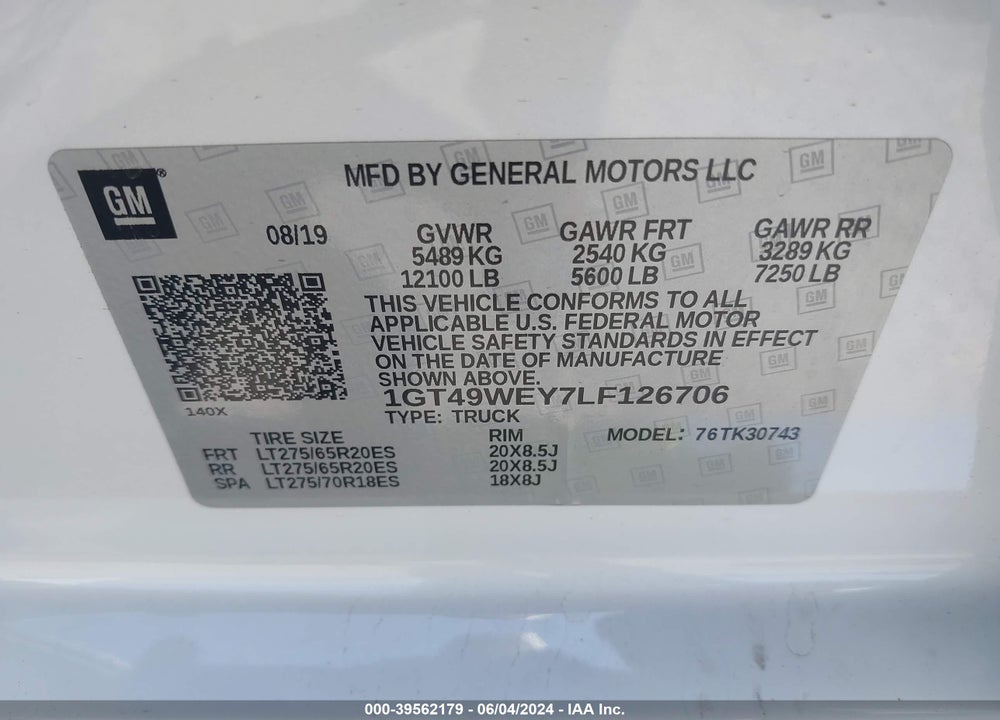 2020 GMC SIERRA 3500HD 4WD  STANDARD BED DENALI VIN: 1GT49WEY7LF126706