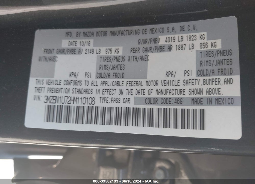 2017 MAZDA 3 SPORT VIN: 3MZBN1U72HM110108