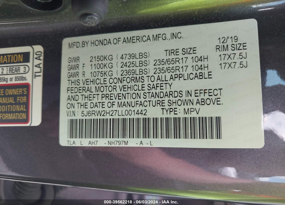 2020 HONDA CR-V AWD LX VIN: 5J6RW2H27LL001442