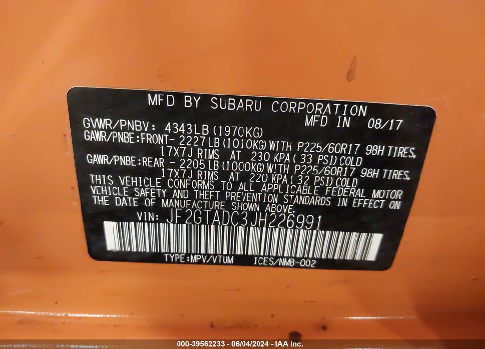 2018 SUBARU CROSSTREK 2.0I PREMIUM VIN: JF2GTADC3JH226991